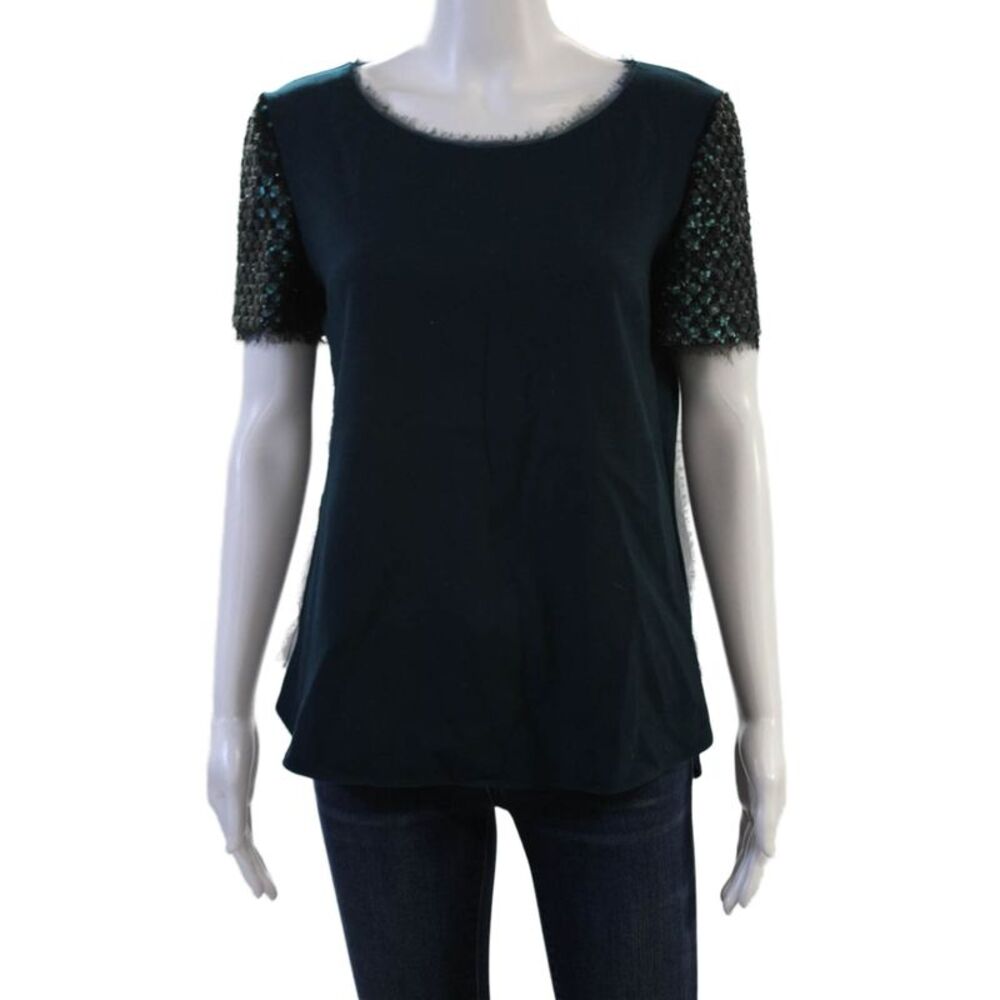 Elie Tahari Women Dark Blue Wool Blend Short Sleeve Zip Blouse Size S